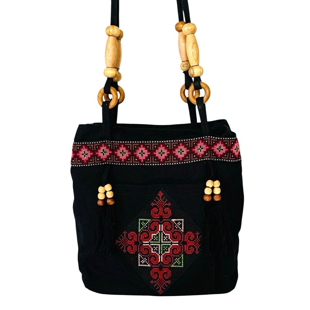 Vintage Black Boho Crossbody Tapestry Purse Tassel Fringe Bead Handles Bag